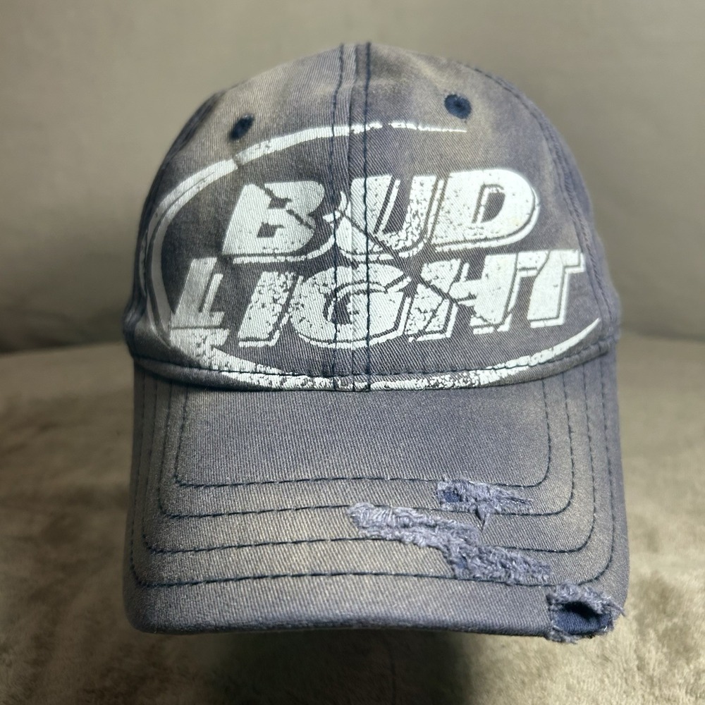 Bud Light Hat Gray Distressed Flex Fit Baseball Cap Adjustable Beer Logo Cap